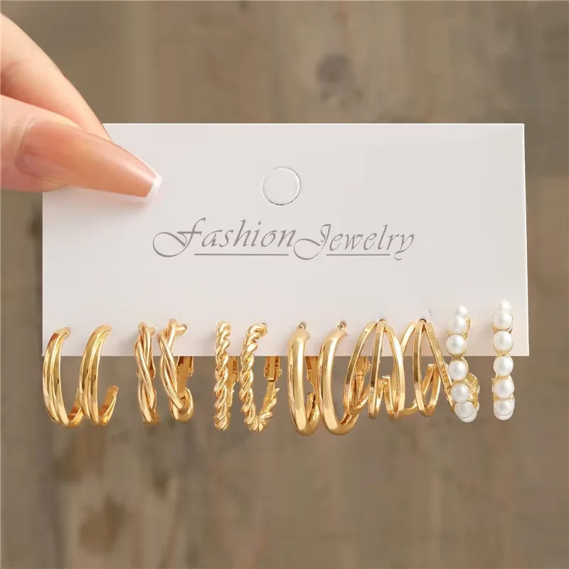 Boho Pearl Geometric Hoop Earrings — Gold