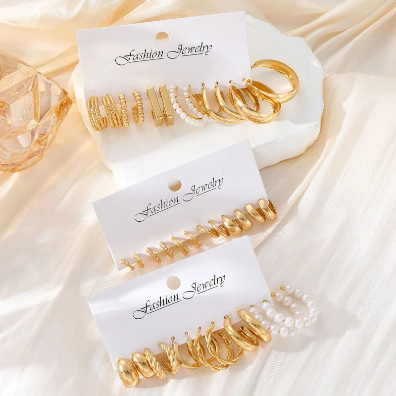 Boho Pearl Geometric Hoop Earrings — Gold