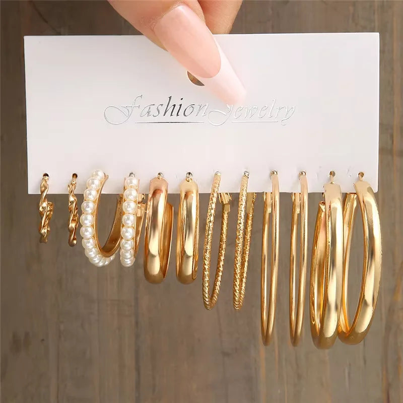 Boho Pearl Geometric Hoop Earrings — Gold