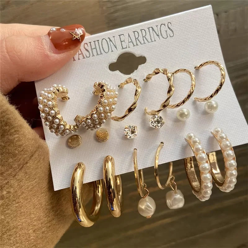 Boho Pearl Geometric Hoop Earrings — Gold