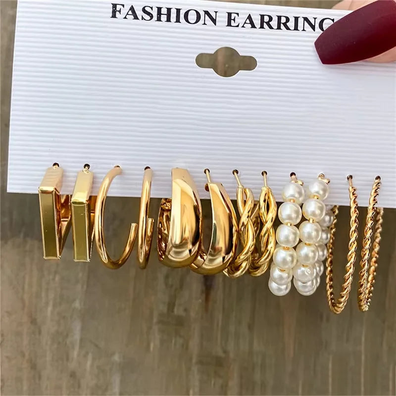 Boho Pearl Geometric Hoop Earrings — Gold